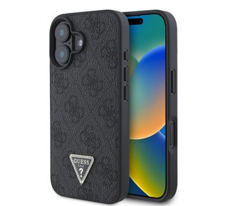 Guess PU 4G Strass Triangle Metal Logo Zadní Kryt pro iPhone 16 Black