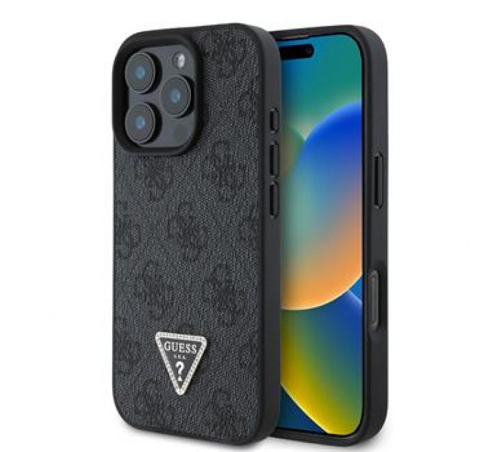 Guess PU 4G Strass Triangle Metal Logo Zadní Kryt pro iPhone 16 Pro Max Black