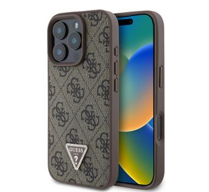 Guess PU 4G Strass Triangle Metal Logo Zadní Kryt pro iPhone 16 Pro Max Brown