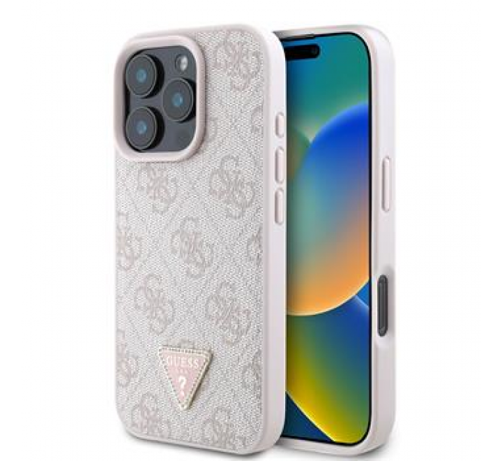 Guess PU 4G Strass Triangle Metal Logo Zadní Kryt pro iPhone 16 Pro Pink