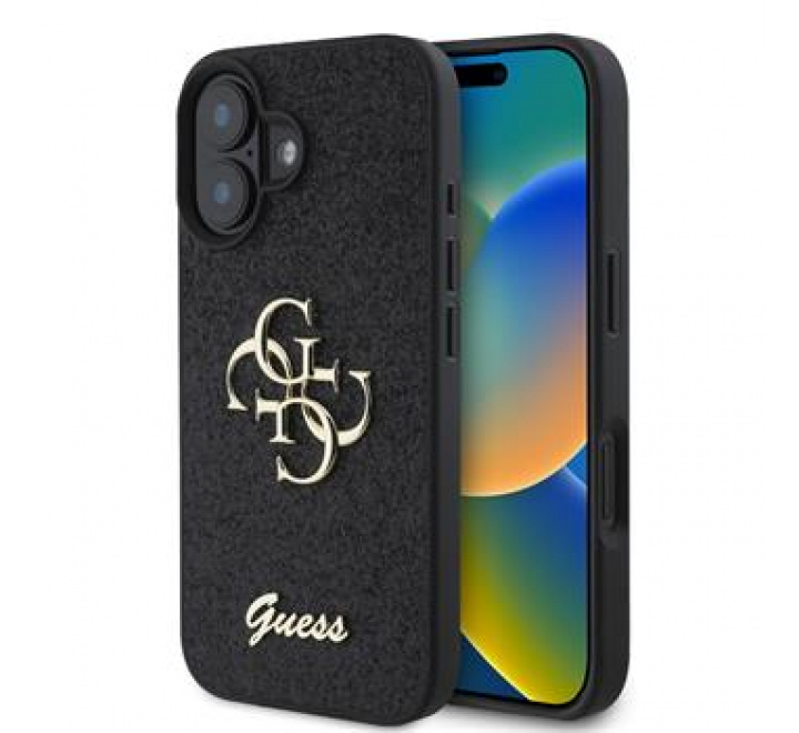 Guess PU Fixed Glitter 4G Metal Logo Zadní Kryt pro iPhone 16 Plus Black