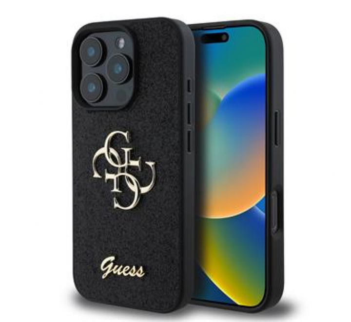 Guess PU Fixed Glitter 4G Metal Logo Zadní Kryt pro iPhone 16 Pro Black