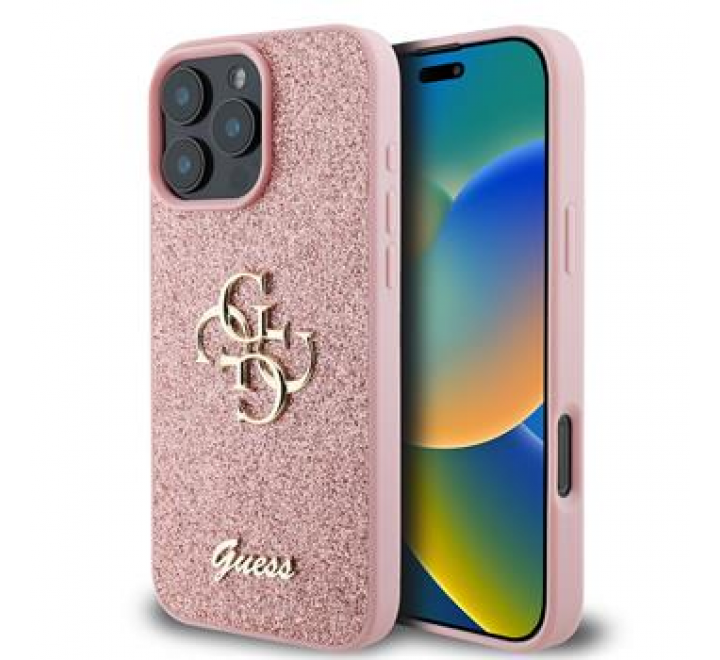 Guess PU Fixed Glitter 4G Metal Logo Zadní Kryt pro iPhone 16 Pro Max Pink
