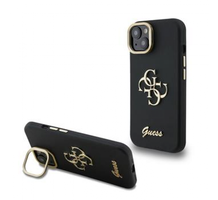 Guess PU Grained 4G Logo Stand Camera Frame Zadní Kryt pro iPhone 13 Black