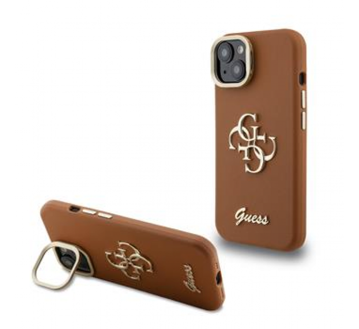 Guess PU Grained 4G Logo Stand Camera Frame Zadní Kryt pro iPhone 14 Brown