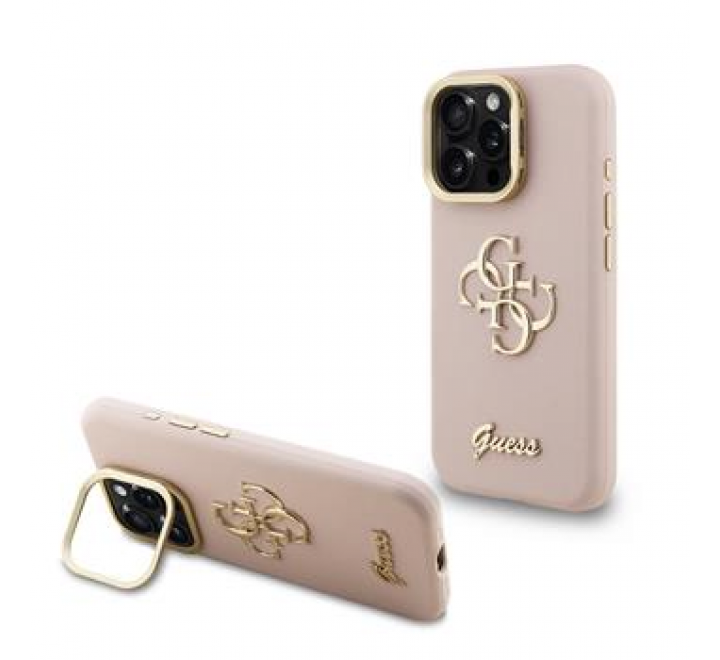 Guess PU Grained 4G Logo Stand Camera Frame Zadní Kryt pro iPhone 15 Pro Pink