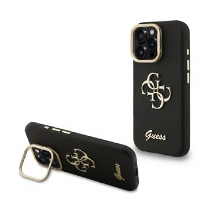 Guess PU Grained 4G Logo Stand Camera Frame Zadní Kryt pro iPhone 16 Pro Max Black