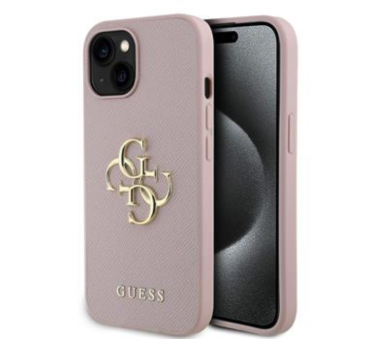 Guess PU Grained 4G Metal Logo Zadní Kryt pro iPhone 15 Pink