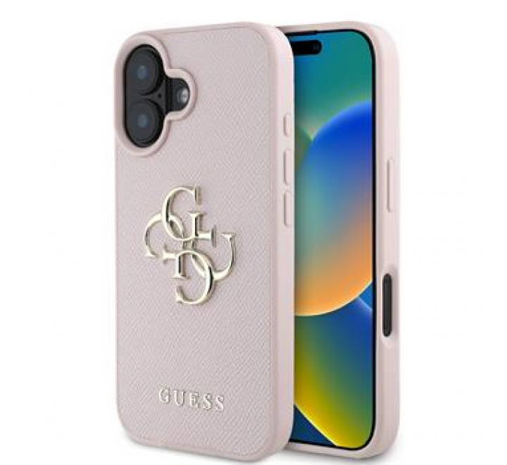 Guess PU Grained 4G Metal Logo Zadní Kryt pro iPhone 16 Pink
