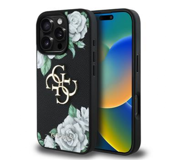 Guess PU Grained Roses 4G Metal Logo Zadní Kryt pro iPhone 16 Pro Black