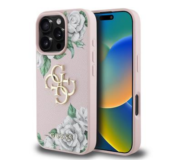 Guess PU Grained Roses 4G Metal Logo Zadní Kryt pro iPhone 16 Pro Pink