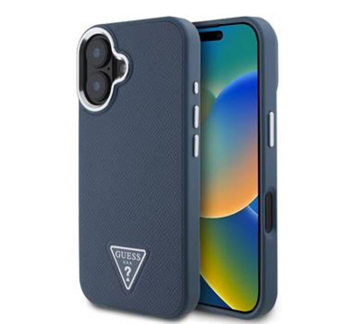 Guess PU Grained Triangle Logo Zadní Kryt pro iPhone 16 Blue