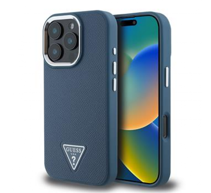 Guess PU Grained Triangle Logo Zadní Kryt pro iPhone 16 Pro Blue