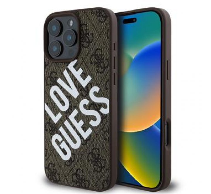 Guess PU Leather 4G Big Love Logo MagSafe Zadní Kryt pro iPhone 16 Pro Brown