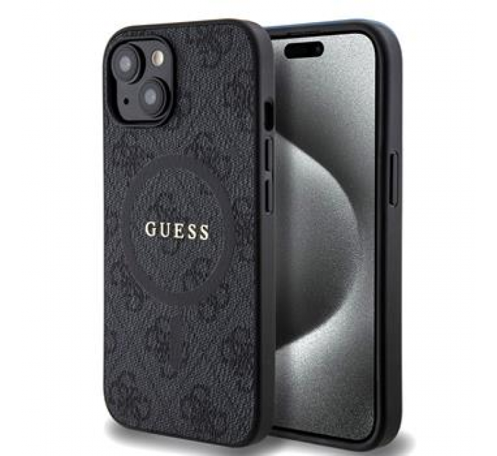Guess PU Leather 4G Colored Ring MagSafe Zadní Kryt pro iPhone 15 Black