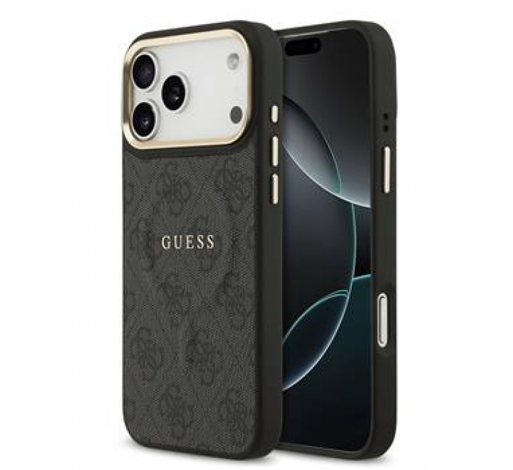 Guess PU Leather 4G Gold Frame MagSafe Zadní Kryt pro iPhone 17 Pro Max Black