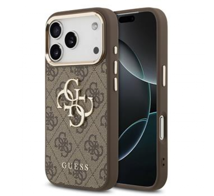 Guess PU Leather 4G Metal Logo Gold Frame MagSafe Zadní Kryt pro iPhone 17 Pro Max Brown