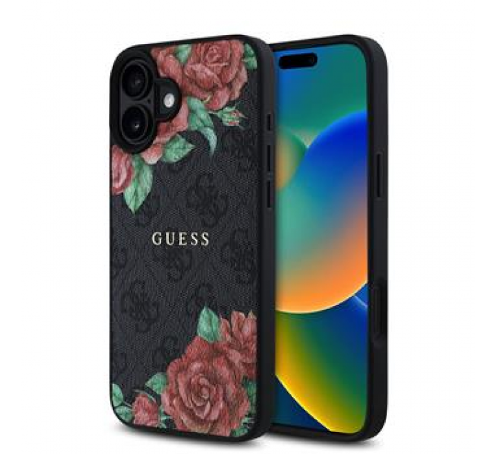 Guess PU Leather 4G Roses MagSafe Zadní Kryt pro iPhone 16 Black
