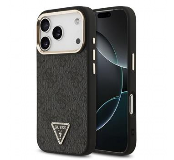 Guess PU Leather 4G Triangle Logo Gold Frame MagSafe Zadní Kryt pro iPhone 17 Pro Black