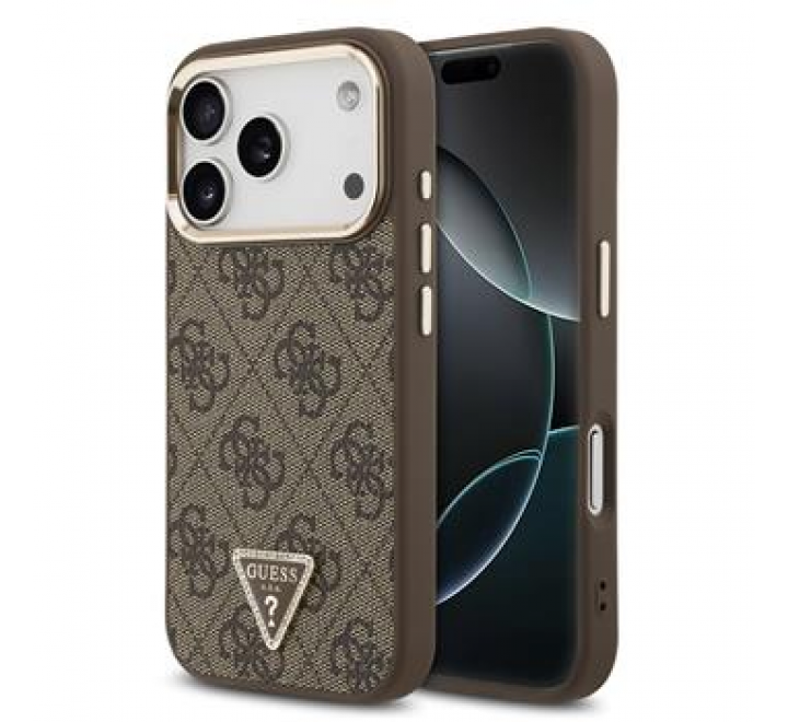 Guess PU Leather 4G Triangle Logo Gold Frame MagSafe Zadní Kryt pro iPhone 17 Pro Brown