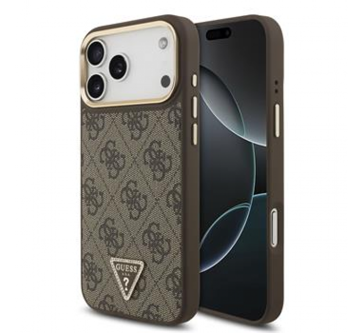 Guess PU Leather 4G Triangle Logo Gold Frame MagSafe Zadní Kryt pro iPhone 17 Pro Max Brown