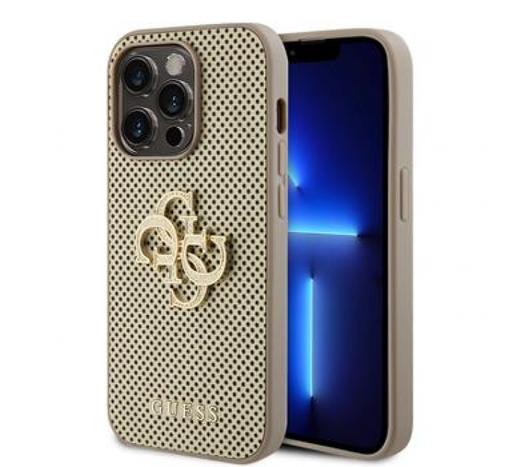 Guess PU Perforated 4G Glitter Metal Logo Zadní Kryt pro iPhone 15 Pro Gold