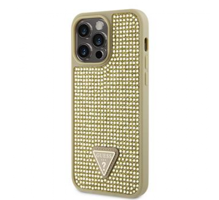 Guess Rhinestones Triangle Metal Logo Kryt pro iPhone 14 Pro Max Gold