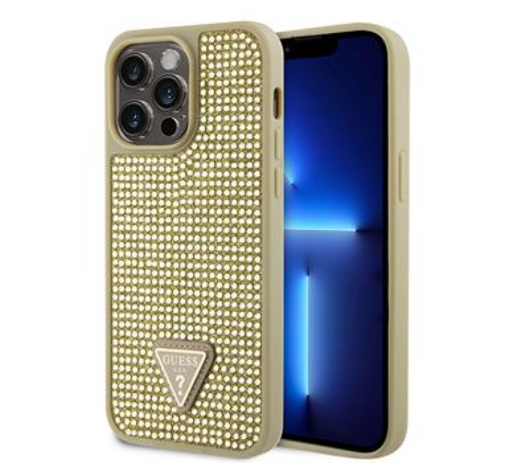 Guess Rhinestones Triangle Metal Logo Kryt pro iPhone 15 Pro Max Gold