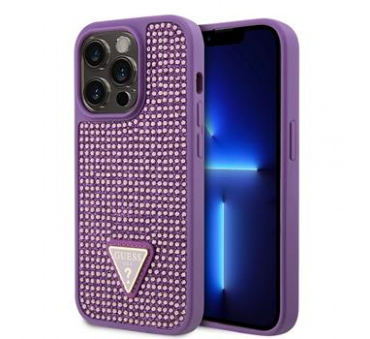 Guess Rhinestones Triangle Metal Logo Kryt pro iPhone 15 Pro Purple