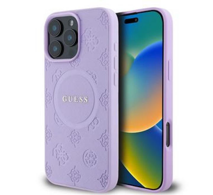 Guess Saffiano Peony Stamp MagSafe Zadní Kryt pro iPhone 16 Pro Purple