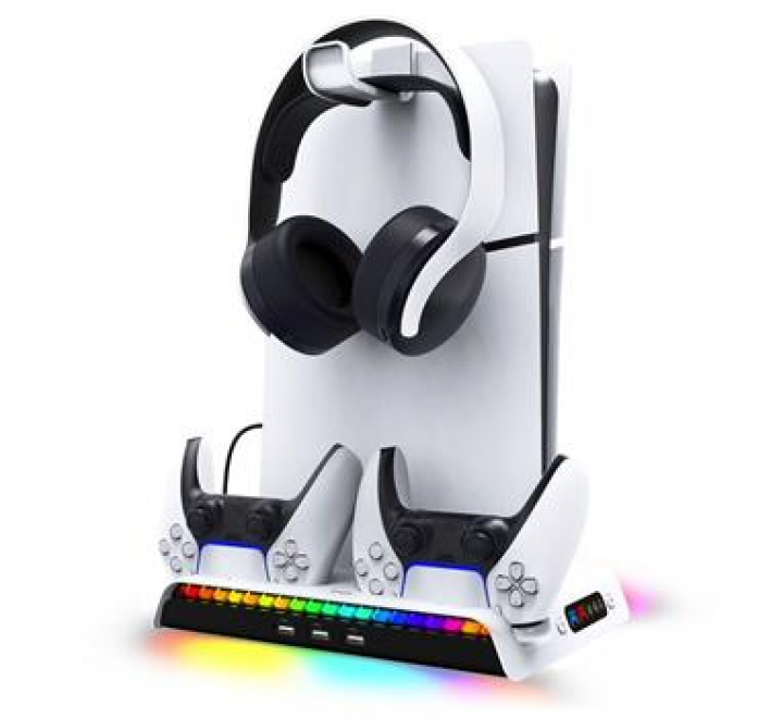 iPega P5S006 Multifunkční Nabíjecí RGB Stojan s Chlazením pro PS5 Slim White