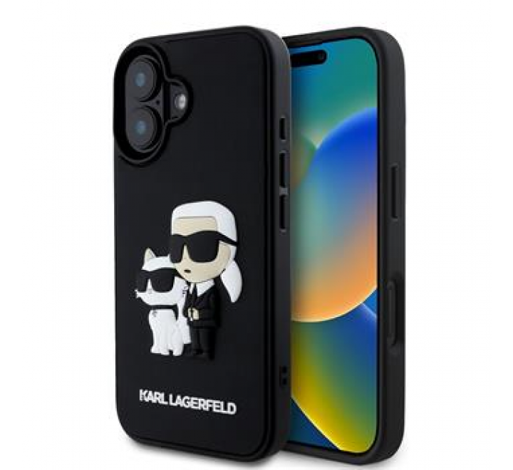 Karl Lagerfeld 3D Rubber Karl and Choupette Zadní Kryt pro iPhone 16 Plus Black