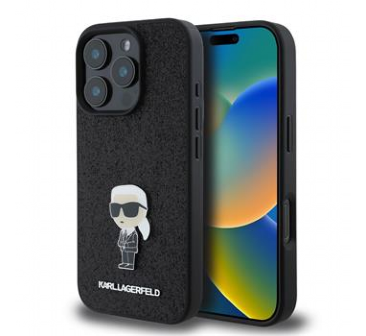 Karl Lagerfeld Fixed Glitter Metal Ikonik Zadní Kryt pro iPhone 16 Pro Black