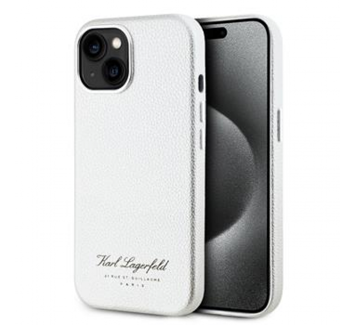 Karl Lagerfeld Grained PU Hotel RSG Zadní Kryt pro iPhone 15 White
