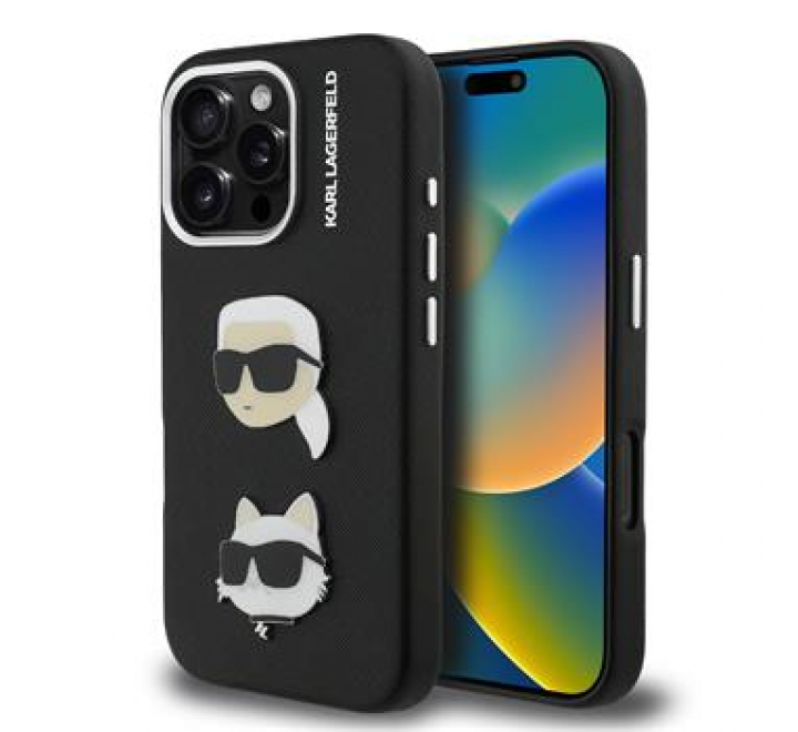 Karl Lagerfeld Grained PU K&CH Heads Zadní Kryt pro iPhone 16 Pro Black
