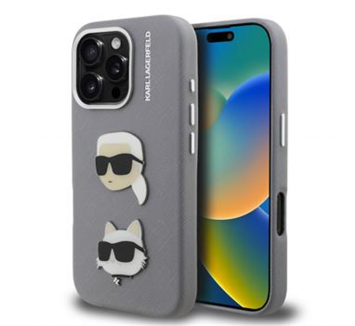 Karl Lagerfeld Grained PU K&CH Heads Zadní Kryt pro iPhone 16 Pro Grey