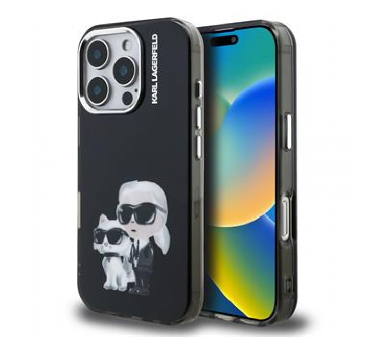 Karl Lagerfeld IML Aquarelle Karl and Choupette Zadní Kryt pro iPhone 16 Pro Max Black