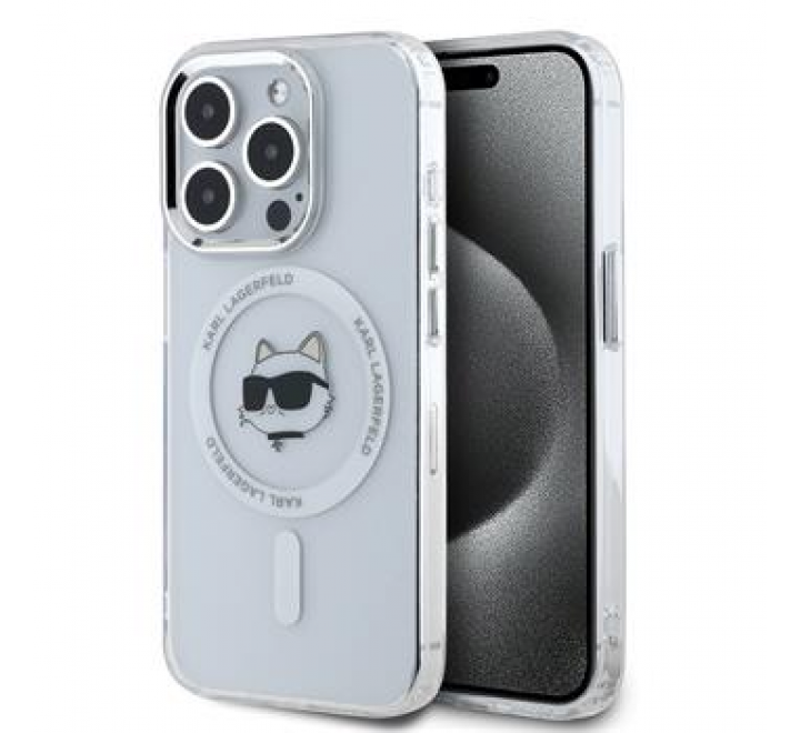 Karl Lagerfeld IML Choupette Head Metal Frame MagSafe Zadní Kryt pro iPhone 15 Pro Max Transparent
