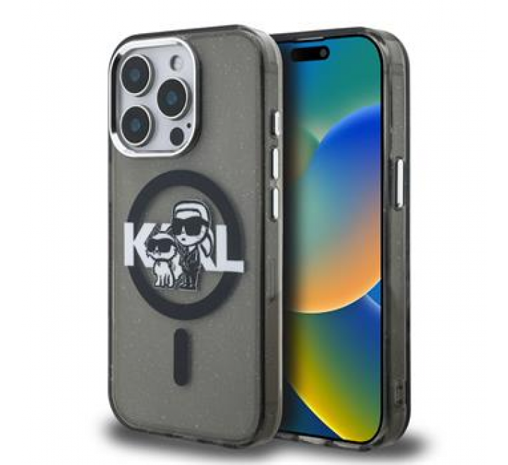 Karl Lagerfeld IML Glitter Karl and Choupette Sketch MagSafe Zadní Kryt pro iPhone 15 Pro Black