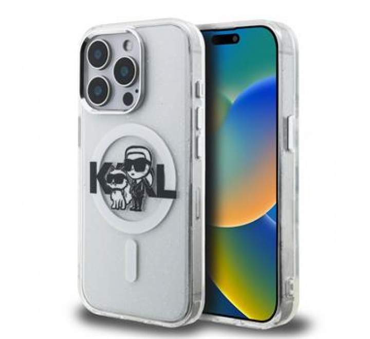 Karl Lagerfeld IML Glitter Karl and Choupette Sketch MagSafe Zadní Kryt pro iPhone 15 Pro Max Transparent