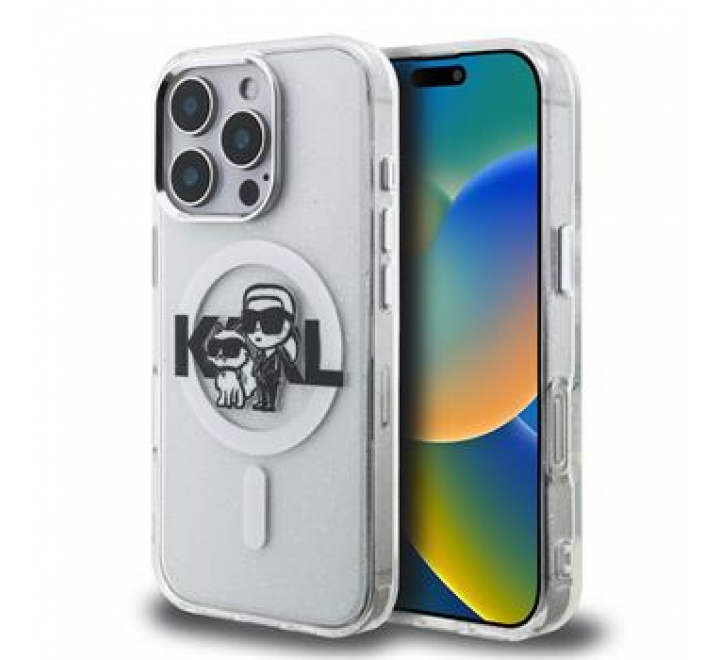 Karl Lagerfeld IML Glitter Karl and Choupette Sketch MagSafe Zadní Kryt pro iPhone 16 Pro Max Transparent