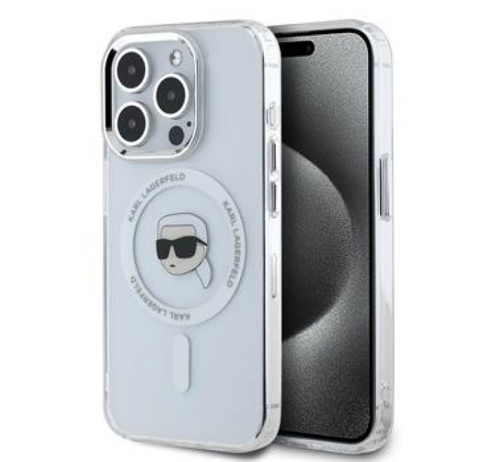 Karl Lagerfeld IML Karl Head Metal Frame MagSafe Zadní Kryt pro iPhone 15 Pro Max Transparent