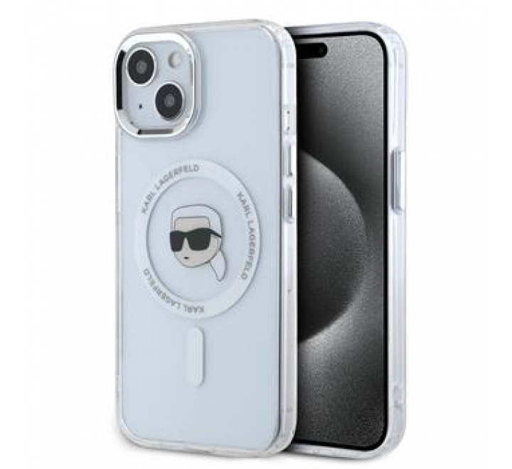 Karl Lagerfeld IML Karl Head Metal Frame MagSafe Zadní Kryt pro iPhone 15 Transparent