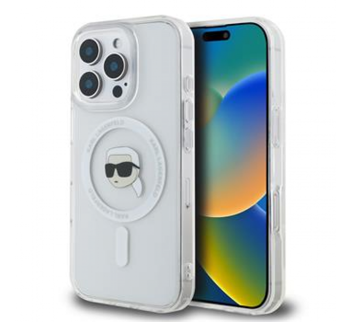 Karl Lagerfeld IML Karl Head Metal Frame MagSafe Zadní Kryt pro iPhone 16 Pro Max Transparent