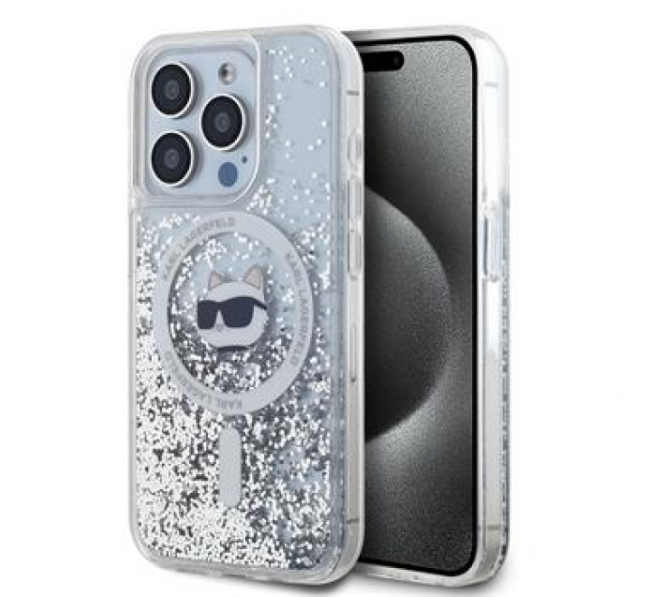 Karl Lagerfeld Liquid Glitter Choupette Head MagSafe Zadní Kryt pro iPhone 15 Pro Max Transparent