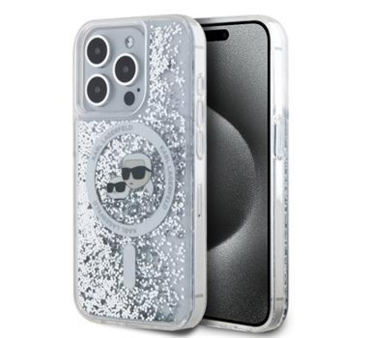 Karl Lagerfeld Liquid Glitter Karl and Choupette Heads MagSafe Zadní Kryt pro iPhone 15 Pro Transparent