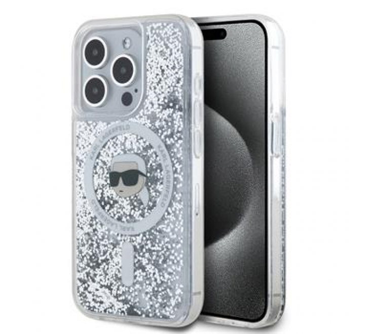 Karl Lagerfeld Liquid Glitter Karl Head MagSafe Zadní Kryt pro iPhone 15 Pro Transparent
