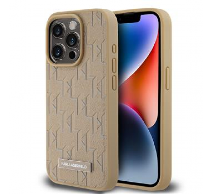 Karl Lagerfeld PU Leather Monogram Metal Logo Magsafe Zadní Kryt pro iPhone 15 Pro Max Beige