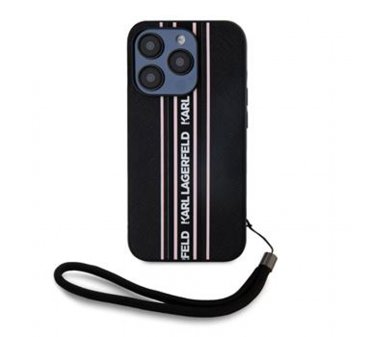 Karl Lagerfeld PU Saffiano Athleisure Stripe and Strap Zadní Kryt pro iPhone 15 Pro Pink