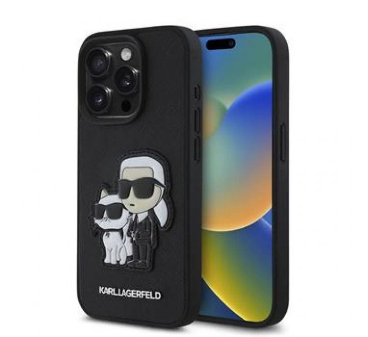 Karl Lagerfeld PU Saffiano Karl and Choupette Zadní Kryt pro iPhone 15 Pro Black